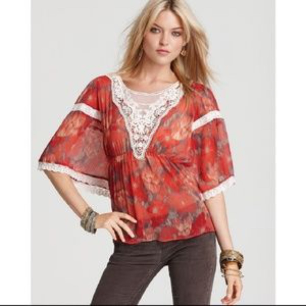 Free People Red Floral Blouse.  Size LG.